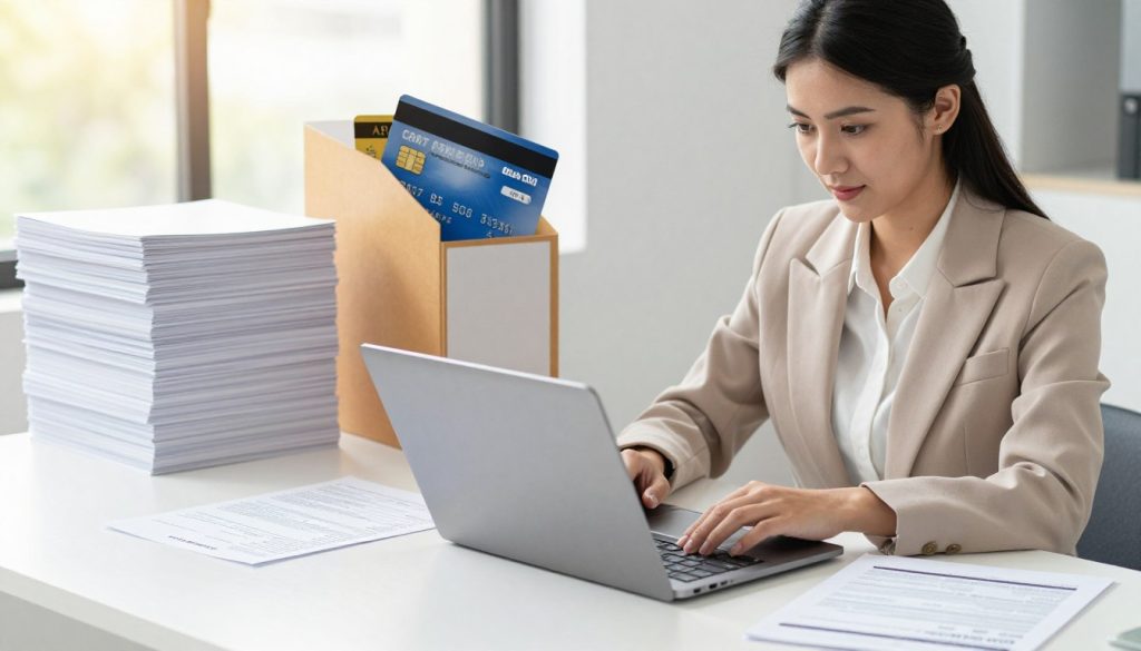 A clean and modern office desk scene in the foreground, featuring a woman in professional business attire analyzing different credit card options on a sleek laptop. She has a focused expression, surrounded by a few documents showcasing various credit card details. In the middle ground, there are subtle, large stacks of credit card applications neatly arranged, with a few emerging from a stylish folder to suggest comparison. In the background, a bright window casts natural light, illuminating the scene and creating an optimistic atmosphere. The colors are soft but vibrant, emphasizing a sense of clarity and focus, underscoring the topic of low APR credit card options. The image should have a professional and motivational mood, inviting the viewer to consider wise financial choices. A clean and modern office desk scene in the foreground, featuring a woman in professional business attire analyzing different credit card options on a sleek laptop. She has a focused expression, surrounded by a few documents showcasing various credit card details. In the middle ground, there are subtle, large stacks of credit card applications neatly arranged, with a few emerging from a stylish folder to suggest comparison. In the background, a bright window casts natural light, illuminating the scene and creating an optimistic atmosphere. The colors are soft but vibrant, emphasizing a sense of clarity and focus, underscoring the topic of low APR credit card options. The image should have a professional and motivational mood, inviting the viewer to consider wise financial choices.