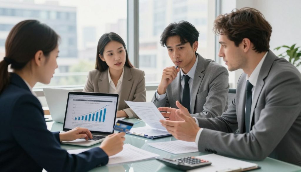 A diverse group of three professionals, one Asian woman and two Caucasian men, sitting around a sleek glass table in a modern office environment, intently discussing credit card statements. In the foreground, the focus is on their hands gesturing towards a laptop displaying graphs of interest rates. The middle of the scene includes financial documents and a calculator. In the background, a large window shows a cityscape with bright sunlight illuminating the workspace, adding a sense of optimism. The mood is collaborative and determined, highlighting the negotiation process. Soft, natural lighting enhances the professionalism of the setting, creating an atmosphere of focus and productivity. The image captures a moment of teamwork, with expressions of concentration and resolve. A diverse group of three professionals, one Asian woman and two Caucasian men, sitting around a sleek glass table in a modern office environment, intently discussing credit card statements. In the foreground, the focus is on their hands gesturing towards a laptop displaying graphs of interest rates. The middle of the scene includes financial documents and a calculator. In the background, a large window shows a cityscape with bright sunlight illuminating the workspace, adding a sense of optimism. The mood is collaborative and determined, highlighting the negotiation process. Soft, natural lighting enhances the professionalism of the setting, creating an atmosphere of focus and productivity. The image captures a moment of teamwork, with expressions of concentration and resolve.