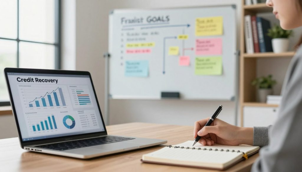 A modern office setting with a clean, organized desk. In the foreground, a laptop opened with financial graphs and charts displayed on the screen, symbolizing credit recovery goals. A hand is holding a pen, poised to write notes in a planner or notebook. In the middle ground, a whiteboard filled with marker notes outlining realistic financial goals and strategies, with color-coded sections for easy comprehension. Soft, natural lighting streams through a window, creating a warm and inviting atmosphere. In the background, a shelf with motivational books and plants enhances the professional feel of the space. The overall mood is focused and determined, suggesting a proactive approach to financial recovery. A modern office setting with a clean, organized desk. In the foreground, a laptop opened with financial graphs and charts displayed on the screen, symbolizing credit recovery goals. A hand is holding a pen, poised to write notes in a planner or notebook. In the middle ground, a whiteboard filled with marker notes outlining realistic financial goals and strategies, with color-coded sections for easy comprehension. Soft, natural lighting streams through a window, creating a warm and inviting atmosphere. In the background, a shelf with motivational books and plants enhances the professional feel of the space. The overall mood is focused and determined, suggesting a proactive approach to financial recovery.