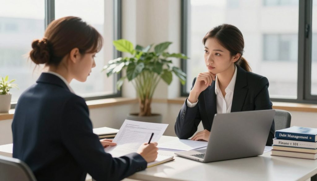A professional and serene office environment forms the backdrop, with soft daylight streaming through large windows, casting gentle shadows. In the foreground, a person wearing smart business attire, possibly a woman with brown hair tied in a bun, sits at a modern desk cluttered with financial documents and a laptop, looking thoughtfully at a spreadsheet while jotting down notes. In the middle ground, a potted plant adds a touch of greenery, symbolizing growth and renewal, alongside a visible stack of books titled "Debt Management" and "Finance 101." The atmosphere conveys a sense of empowerment and control, visualizing the journey of breaking free from debt’s hold. The lighting is warm and inviting, creating an optimistic mood as if the figure is taking actionable steps toward financial freedom. A professional and serene office environment forms the backdrop, with soft daylight streaming through large windows, casting gentle shadows. In the foreground, a person wearing smart business attire, possibly a woman with brown hair tied in a bun, sits at a modern desk cluttered with financial documents and a laptop, looking thoughtfully at a spreadsheet while jotting down notes. In the middle ground, a potted plant adds a touch of greenery, symbolizing growth and renewal, alongside a visible stack of books titled "Debt Management" and "Finance 101." The atmosphere conveys a sense of empowerment and control, visualizing the journey of breaking free from debt’s hold. The lighting is warm and inviting, creating an optimistic mood as if the figure is taking actionable steps toward financial freedom.
