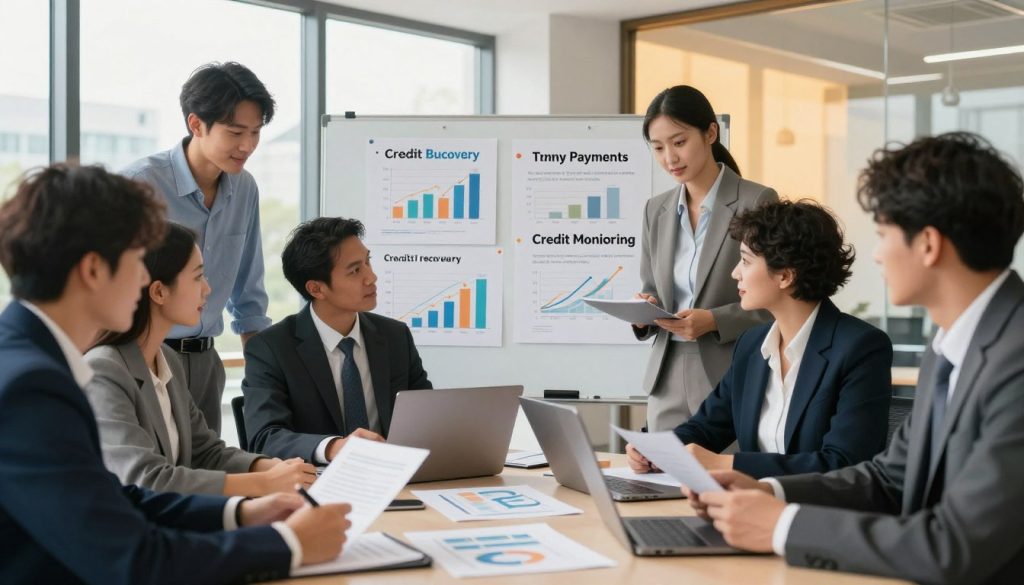 A professional business setting illustrating various credit score recovery strategies. In the foreground, a diverse group of professionals, dressed in smart business attire, engaged in a collaborative discussion around a table filled with documents and a laptop displaying analytics. In the middle, visual elements like charts, graphs, and a whiteboard feature key strategies for credit recovery, such as budgeting, timely payments, and credit monitoring. The background includes a modern office environment with large windows letting in warm natural light, creating an uplifting atmosphere. The camera angle captures the dynamic interaction among the group, emphasizing teamwork and problem-solving, in a well-organized, inspiring composition.