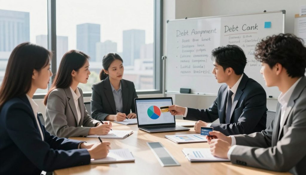 A professional meeting scene set in a bright, modern office to illustrate debt repayment strategies. In the foreground, a diverse group of individuals—two men and two women—dressed in business attire, are engaged in a discussion about negotiating with credit card companies. They are seated around a polished conference table, looking at documents and financial charts. In the middle ground, a large window shows a city skyline, providing natural light that casts soft shadows. One person is pointing at a colorful pie chart on a laptop, emphasizing key points. The background features a whiteboard with handwritten notes and strategies related to debt negotiation. The atmosphere is focused and collaborative, conveying a sense of determination and professionalism. A professional meeting scene set in a bright, modern office to illustrate debt repayment strategies. In the foreground, a diverse group of individuals—two men and two women—dressed in business attire, are engaged in a discussion about negotiating with credit card companies. They are seated around a polished conference table, looking at documents and financial charts. In the middle ground, a large window shows a city skyline, providing natural light that casts soft shadows. One person is pointing at a colorful pie chart on a laptop, emphasizing key points. The background features a whiteboard with handwritten notes and strategies related to debt negotiation. The atmosphere is focused and collaborative, conveying a sense of determination and professionalism.