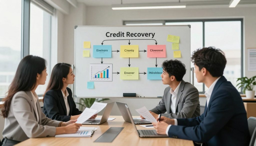 A professional office environment showcasing the step-by-step credit recovery process. In the foreground, a diverse group of business professionals—two men and two women—discuss financial documents and strategies around a modern conference table. The middle layer captures a whiteboard displaying colorful flowcharts and graphs illustrating credit recovery steps, with sticky notes pinned around. In the background, large windows allow soft natural light to flood the room, casting gentle shadows. The overall atmosphere is one of collaboration and determination, with a warm color palette that promotes a sense of hope and positive transformation. The lighting is bright yet comfortable, highlighting the professionals deep in discussion. The image should evoke a sense of progress and support in the financial recovery journey. A professional office environment showcasing the step-by-step credit recovery process. In the foreground, a diverse group of business professionals—two men and two women—discuss financial documents and strategies around a modern conference table. The middle layer captures a whiteboard displaying colorful flowcharts and graphs illustrating credit recovery steps, with sticky notes pinned around. In the background, large windows allow soft natural light to flood the room, casting gentle shadows. The overall atmosphere is one of collaboration and determination, with a warm color palette that promotes a sense of hope and positive transformation. The lighting is bright yet comfortable, highlighting the professionals deep in discussion. The image should evoke a sense of progress and support in the financial recovery journey.