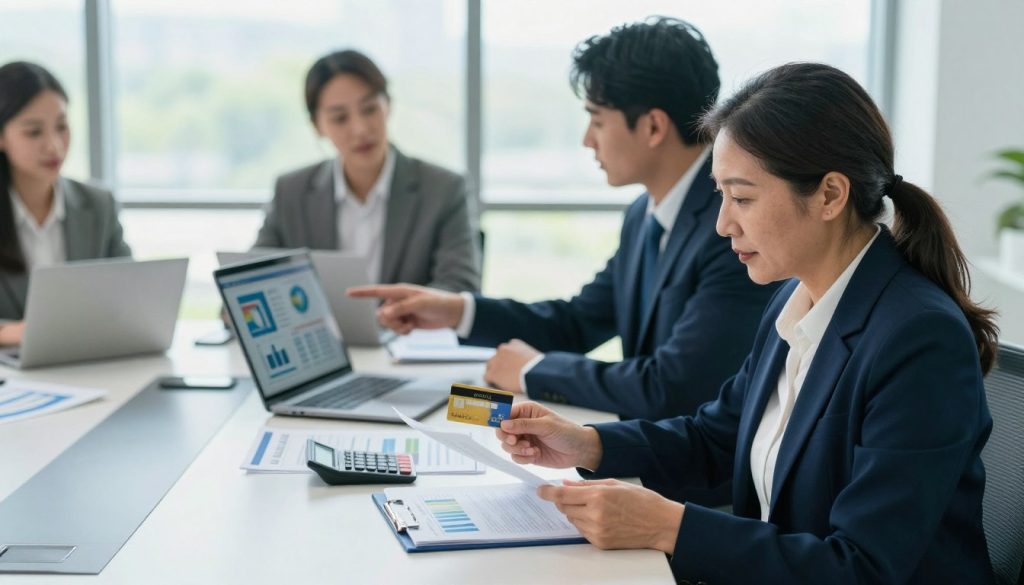 A professional office setting, featuring a diverse group of individuals discussing credit card debt relief options. In the foreground, a middle-aged woman in business attire sits at a desk, reviewing financial documents with a focused expression. Beside her, a young man, also dressed in professional attire, points at a laptop screen displaying graphs and charts. In the middle, an elegant conference table with financial brochures and a calculator. The background features a bright window with soft, natural light streaming in, illuminating the room, suggesting a hopeful atmosphere. The color palette should evoke a sense of calm and professionalism, with cool blues and greens dominating, indicating trust and stability.