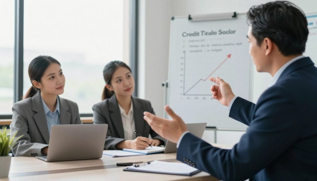 A professional office setting showcasing an expert consultant advising a diverse group of individuals on credit score recovery. In the foreground, a middle-aged man in a business suit gestures toward a graph showing an upward trend in credit scores, conveying hope and progress. In the middle, two attentive clients, a young woman in smart casual attire and a man in professional attire, take notes, looking engaged and focused. The background features a large window with soft natural light illuminating the room, and a whiteboard filled with strategies and tips for improving credit scores. The overall mood is optimistic and proactive, emphasizing positive change and professional guidance.