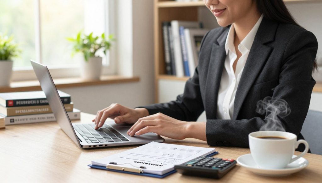 A professional woman in a smart business outfit sitting at a desk, reviewing her finances with a laptop open in front of her. The foreground features a detailed close-up of a notepad with handwritten credit rebuilding tips, a calculator, and a steaming cup of coffee. In the middle ground, a window with natural light pours into the room, illuminating a plant and a stack of personal finance books. In the background, there’s a bookshelf filled with titles on budgeting and credit management. The atmosphere is focused and hopeful, conveying a sense of empowerment and determination. Use soft, warm lighting to create an inviting mood. The scene should be shot at eye level, with a shallow depth of field to keep attention on the woman and her tasks while subtly blurring the background elements.