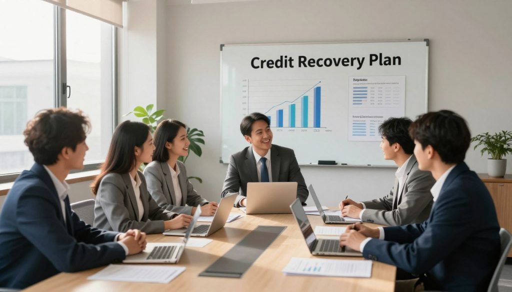 A serene office environment illustrating a credit recovery plan. In the foreground, a diverse group of professionals in business attire is discussing a financial strategy, seated around a modern conference table with laptops and documents. The middle layer features a large whiteboard displaying graphs and key financial metrics, symbolizing the establishment of healthy financial habits. In the background, sunlight streams through large windows, casting warm, natural light across the room, creating a positive and hopeful atmosphere. The overall mood is one of collaboration and determination, emphasizing the importance of teamwork in financial recovery. The image is captured with a focus on the individuals, using a wide-angle lens to include both the documents and the hopeful expressions on their faces. A serene office environment illustrating a credit recovery plan. In the foreground, a diverse group of professionals in business attire is discussing a financial strategy, seated around a modern conference table with laptops and documents. The middle layer features a large whiteboard displaying graphs and key financial metrics, symbolizing the establishment of healthy financial habits. In the background, sunlight streams through large windows, casting warm, natural light across the room, creating a positive and hopeful atmosphere. The overall mood is one of collaboration and determination, emphasizing the importance of teamwork in financial recovery. The image is captured with a focus on the individuals, using a wide-angle lens to include both the documents and the hopeful expressions on their faces.