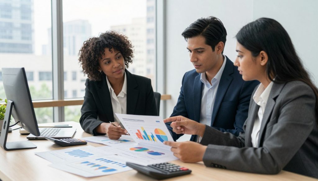 A serene office setting with a desk in the foreground, clutter-free, featuring financial documents, a calculator, and a laptop displaying positive graphs. In the middle ground, a diverse group of three professionals (a Black woman, a Hispanic man, and a South Asian woman) are engaged in a discussion over a colorful chart showcasing debt consolidation options. They are dressed in smart business attire, conveying a sense of professionalism and collaboration. In the background, a large window reveals a bright cityscape, enhancing the atmosphere of opportunity and renewal. Use soft, natural lighting to create an inviting mood while maintaining a focus on the subjects and the documents. The angle should be slightly elevated, capturing the dynamics of their interaction and the significance of their discussion on financial freedom. A serene office setting with a desk in the foreground, clutter-free, featuring financial documents, a calculator, and a laptop displaying positive graphs. In the middle ground, a diverse group of three professionals (a Black woman, a Hispanic man, and a South Asian woman) are engaged in a discussion over a colorful chart showcasing debt consolidation options. They are dressed in smart business attire, conveying a sense of professionalism and collaboration. In the background, a large window reveals a bright cityscape, enhancing the atmosphere of opportunity and renewal. Use soft, natural lighting to create an inviting mood while maintaining a focus on the subjects and the documents. The angle should be slightly elevated, capturing the dynamics of their interaction and the significance of their discussion on financial freedom.