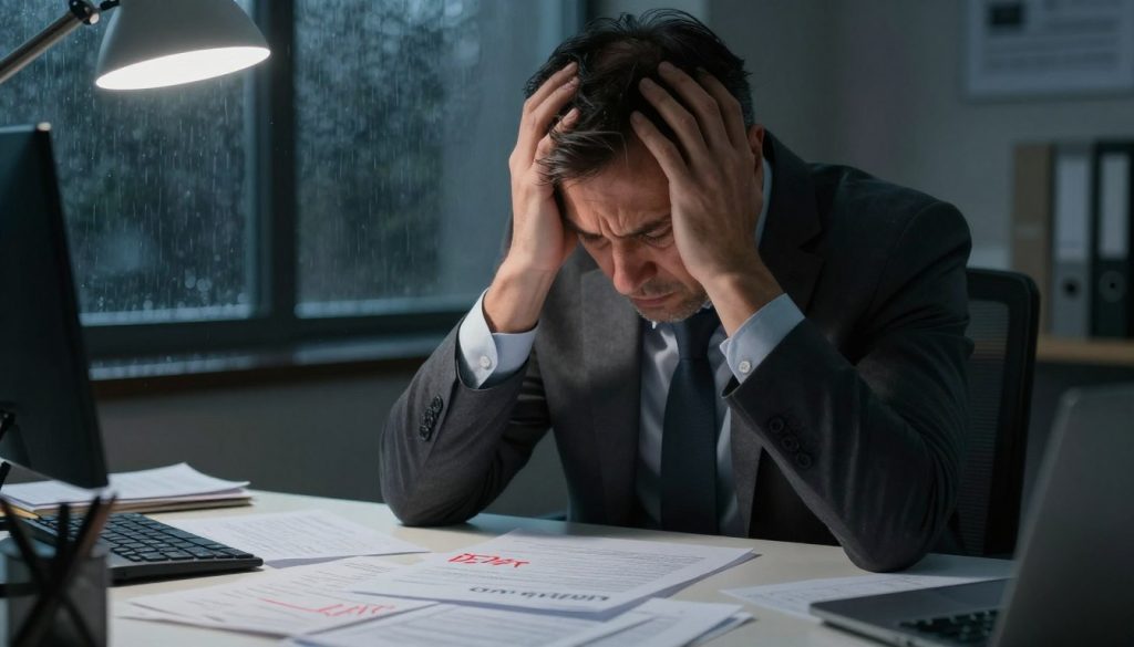A somber office environment, where a middle-aged professional man in a smart business suit sits at a cluttered desk, head in hands, reflecting financial stress. His face shows anxiety and fatigue, illuminated by harsh fluorescent lighting overhead, casting stark shadows on his furrowed brow. Papers and bills are strewn across the desk, visibly marked with red ink, symbolizing overwhelming debt. In the background, a dimly lit window shows rain falling outside, enhancing the feeling of gloom and isolation. Soft, moody lighting conveys a sense of despair, while a close-up angle captures the intensity of his emotional struggle against the weight of financial burdens. Overall, the atmosphere should evoke a sense of urgency and concern about the hidden impacts of debt on mental and physical health. A somber office environment, where a middle-aged professional man in a smart business suit sits at a cluttered desk, head in hands, reflecting financial stress. His face shows anxiety and fatigue, illuminated by harsh fluorescent lighting overhead, casting stark shadows on his furrowed brow. Papers and bills are strewn across the desk, visibly marked with red ink, symbolizing overwhelming debt. In the background, a dimly lit window shows rain falling outside, enhancing the feeling of gloom and isolation. Soft, moody lighting conveys a sense of despair, while a close-up angle captures the intensity of his emotional struggle against the weight of financial burdens. Overall, the atmosphere should evoke a sense of urgency and concern about the hidden impacts of debt on mental and physical health.