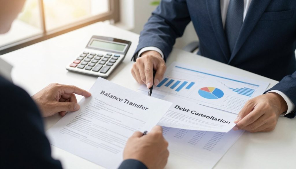 A visually engaging and informative scene depicting the concept of "debt consolidation comparison." In the foreground, a professional-looking individual in smart business attire is analyzing two separate documents on a desk, one labeled "Balance Transfer" and the other "Debt Consolidation." In the middle ground, a large calculator and financial graphs are prominently displayed, symbolizing data analysis. The background features a softly blurred office setting with a window allowing warm natural light to stream in, creating a bright and focused atmosphere. Use a high-angle lens to capture the scene from slightly above, emphasizing the individual's concentration and the importance of financial decision-making. The mood is one of seriousness and clarity, reflecting the thoughtful process of choosing between two financial strategies. A visually engaging and informative scene depicting the concept of "debt consolidation comparison." In the foreground, a professional-looking individual in smart business attire is analyzing two separate documents on a desk, one labeled "Balance Transfer" and the other "Debt Consolidation." In the middle ground, a large calculator and financial graphs are prominently displayed, symbolizing data analysis. The background features a softly blurred office setting with a window allowing warm natural light to stream in, creating a bright and focused atmosphere. Use a high-angle lens to capture the scene from slightly above, emphasizing the individual's concentration and the importance of financial decision-making. The mood is one of seriousness and clarity, reflecting the thoughtful process of choosing between two financial strategies.
