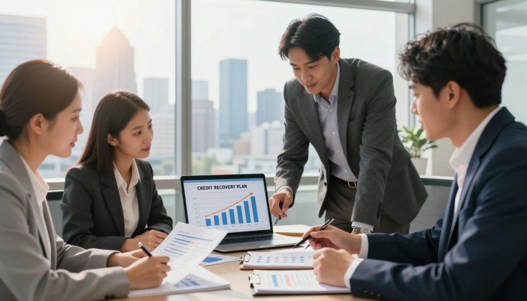 A visually engaging depiction of a credit recovery plan, centered in a modern office environment. In the foreground, a diverse group of three professionals, dressed in smart business attire, collaboratively discussing strategies while reviewing charts and documents about credit scores. The middle layer features an open laptop displaying graphs of credit improvement metrics, alongside a notepad filled with bullet points for action steps. In the background, a large window reveals a city skyline, illuminated by warm sunlight, creating an optimistic atmosphere. The overall mood is one of determination and hope, emphasizing a proactive approach to financial recovery. The scene is captured in bright, natural lighting with a slightly shallow depth of field, highlighting the team’s focus and collaboration. A visually engaging depiction of a credit recovery plan, centered in a modern office environment. In the foreground, a diverse group of three professionals, dressed in smart business attire, collaboratively discussing strategies while reviewing charts and documents about credit scores. The middle layer features an open laptop displaying graphs of credit improvement metrics, alongside a notepad filled with bullet points for action steps. In the background, a large window reveals a city skyline, illuminated by warm sunlight, creating an optimistic atmosphere. The overall mood is one of determination and hope, emphasizing a proactive approach to financial recovery. The scene is captured in bright, natural lighting with a slightly shallow depth of field, highlighting the team’s focus and collaboration.