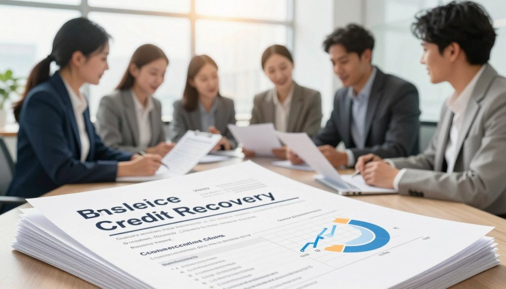A visually engaging illustration depicting the various factors that influence credit recovery duration. In the foreground, use a stack of financial documents, including credit reports and charts showcasing credit scores and recovery timelines. In the middle ground, incorporate a diverse group of professionals in business attire analyzing the documents, discussing strategies, and brainstorming. The background features a modern office setting with a large window allowing bright natural light to flood the space, symbolizing hope and clarity in the credit recovery journey. The overall mood should be optimistic and focused, highlighting collaboration and determination. Use warm lighting to create an inviting atmosphere, with a slight zoomed-in angle to emphasize the details and engagement among the professionals. A visually engaging illustration depicting the various factors that influence credit recovery duration. In the foreground, use a stack of financial documents, including credit reports and charts showcasing credit scores and recovery timelines. In the middle ground, incorporate a diverse group of professionals in business attire analyzing the documents, discussing strategies, and brainstorming. The background features a modern office setting with a large window allowing bright natural light to flood the space, symbolizing hope and clarity in the credit recovery journey. The overall mood should be optimistic and focused, highlighting collaboration and determination. Use warm lighting to create an inviting atmosphere, with a slight zoomed-in angle to emphasize the details and engagement among the professionals.