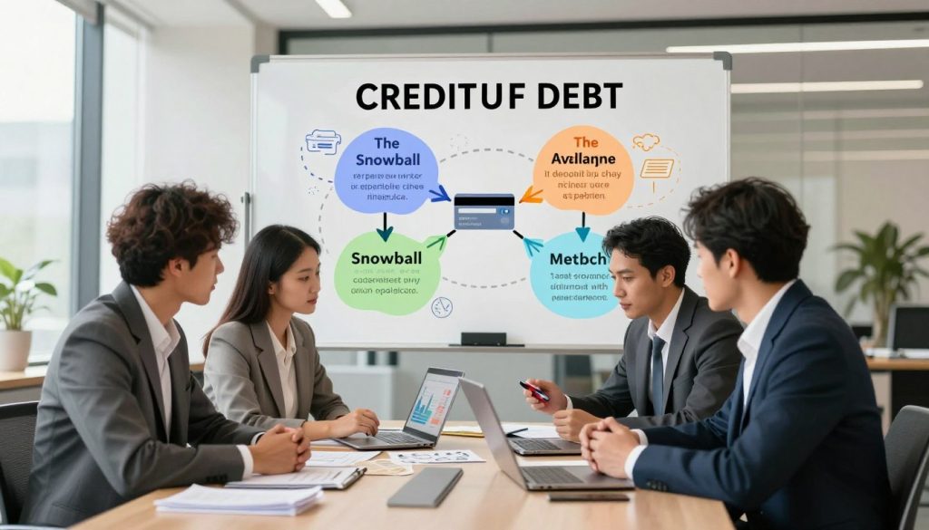 A visually engaging illustration of credit card debt repayment strategies, with a foreground featuring a diverse group of three individuals in professional business attire, analyzing a financial plan together at a sleek conference table, surrounded by stacks of bills and a laptop displaying graphs. In the middle ground, display a large whiteboard filled with diagrams illustrating various repayment strategies like the snowball method and the avalanche method, color-coded for clarity. The background showcases a modern office environment with large windows letting in natural light, casting a warm glow. The overall atmosphere should be focused and collaborative, conveying a sense of determination and financial empowerment. Use a soft focus for depth while ensuring the subjects are sharp and well-lit for a professional tone. A visually engaging illustration of credit card debt repayment strategies, with a foreground featuring a diverse group of three individuals in professional business attire, analyzing a financial plan together at a sleek conference table, surrounded by stacks of bills and a laptop displaying graphs. In the middle ground, display a large whiteboard filled with diagrams illustrating various repayment strategies like the snowball method and the avalanche method, color-coded for clarity. The background showcases a modern office environment with large windows letting in natural light, casting a warm glow. The overall atmosphere should be focused and collaborative, conveying a sense of determination and financial empowerment. Use a soft focus for depth while ensuring the subjects are sharp and well-lit for a professional tone.