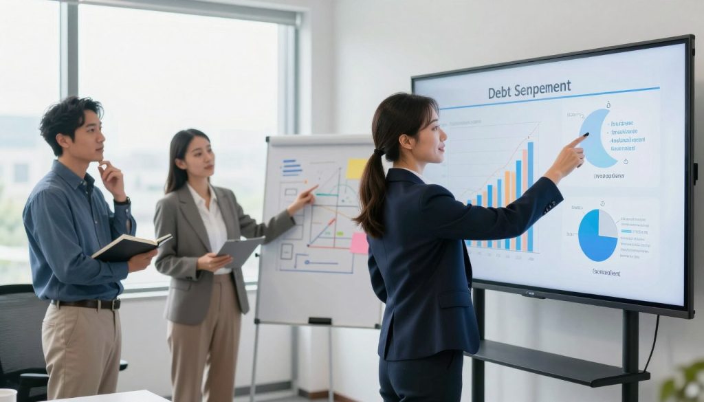 A visually engaging office scene depicting a diverse group of four professionals collaborating on debt repayment strategies. In the foreground, a woman in a smart business suit points at a financial chart on a large screen, illustrating concepts like the snowball and avalanche methods. To her left, a man taking notes in a professional outfit appears thoughtful, while another woman in business casual attire gestures towards a whiteboard filled with colorful diagrams. In the background, a modern office setting with large windows allows natural light to create a bright and inviting atmosphere. The mood is focused and optimistic, emphasizing teamwork and clarity in financial planning. Use a wide-angle lens to capture the details and create an immersive perspective.