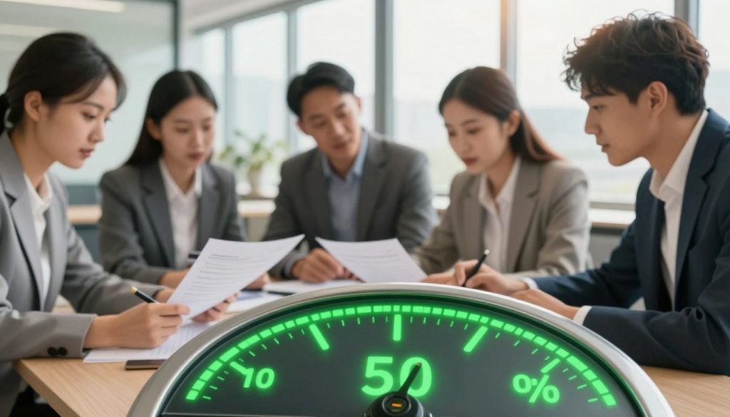 A visually engaging representation of credit utilization ratio. In the foreground, display a digital gauge or meter showing a percentage, illuminated in bright green, symbolizing optimal credit utilization. In the middle, incorporate a diverse group of professional individuals dressed in business attire, analyzing documents and discussing strategies for managing credit. Their expressions should convey focus and determination. In the background, add a blurred office setting with large windows allowing natural light to stream in, creating a warm and optimistic atmosphere. The overall mood should be one of empowerment and financial savvy, highlighting the importance of managing credit wisely. Use a slightly elevated angle to provide depth and emphasize the action in the scene. A visually engaging representation of credit utilization ratio. In the foreground, display a digital gauge or meter showing a percentage, illuminated in bright green, symbolizing optimal credit utilization. In the middle, incorporate a diverse group of professional individuals dressed in business attire, analyzing documents and discussing strategies for managing credit. Their expressions should convey focus and determination. In the background, add a blurred office setting with large windows allowing natural light to stream in, creating a warm and optimistic atmosphere. The overall mood should be one of empowerment and financial savvy, highlighting the importance of managing credit wisely. Use a slightly elevated angle to provide depth and emphasize the action in the scene.