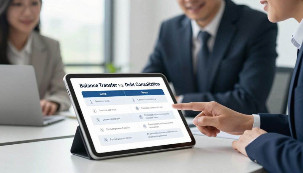 A well-organized comparison chart illustrating "Balance Transfer vs Debt Consolidation," featuring a clean and modern design. In the foreground, a sleek digital tablet displaying the comparison chart with key points clearly outlined. The middle ground showcases focused business professionals in smart attire, discussing the options in a collaborative environment, with one pointing at the tablet's screen. The background includes a bright, airy office space with large windows allowing natural light to pour in, enhancing the productive atmosphere. Soft focus on the people to emphasize the tablet and its content, shot from a slight angle to create depth. The overall mood is professional, informative, and encouraging, highlighting crucial financial decisions. A well-organized comparison chart illustrating "Balance Transfer vs Debt Consolidation," featuring a clean and modern design. In the foreground, a sleek digital tablet displaying the comparison chart with key points clearly outlined. The middle ground showcases focused business professionals in smart attire, discussing the options in a collaborative environment, with one pointing at the tablet's screen. The background includes a bright, airy office space with large windows allowing natural light to pour in, enhancing the productive atmosphere. Soft focus on the people to emphasize the tablet and its content, shot from a slight angle to create depth. The overall mood is professional, informative, and encouraging, highlighting crucial financial decisions.