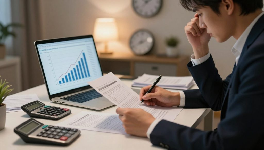 A well-organized home office scene focused on the theme of debt management. In the foreground, a person in professional attire is sitting at a cluttered desk, reviewing financial documents, looking concerned. The middle ground features a laptop displaying a graph illustrating mounting debt, along with a calculator and stacks of bills. In the background, a soft-focus wall clock indicates the late hour, hinting at the stress of financial burdens. The lighting is warm, creating a contemplative atmosphere, while shadows subtly highlight the weight of debt. The lens captures the scene with a slight depth of field, ensuring the viewer’s focus is on the person and the documents, conveying a sense of urgency and reflection. A well-organized home office scene focused on the theme of debt management. In the foreground, a person in professional attire is sitting at a cluttered desk, reviewing financial documents, looking concerned. The middle ground features a laptop displaying a graph illustrating mounting debt, along with a calculator and stacks of bills. In the background, a soft-focus wall clock indicates the late hour, hinting at the stress of financial burdens. The lighting is warm, creating a contemplative atmosphere, while shadows subtly highlight the weight of debt. The lens captures the scene with a slight depth of field, ensuring the viewer’s focus is on the person and the documents, conveying a sense of urgency and reflection.