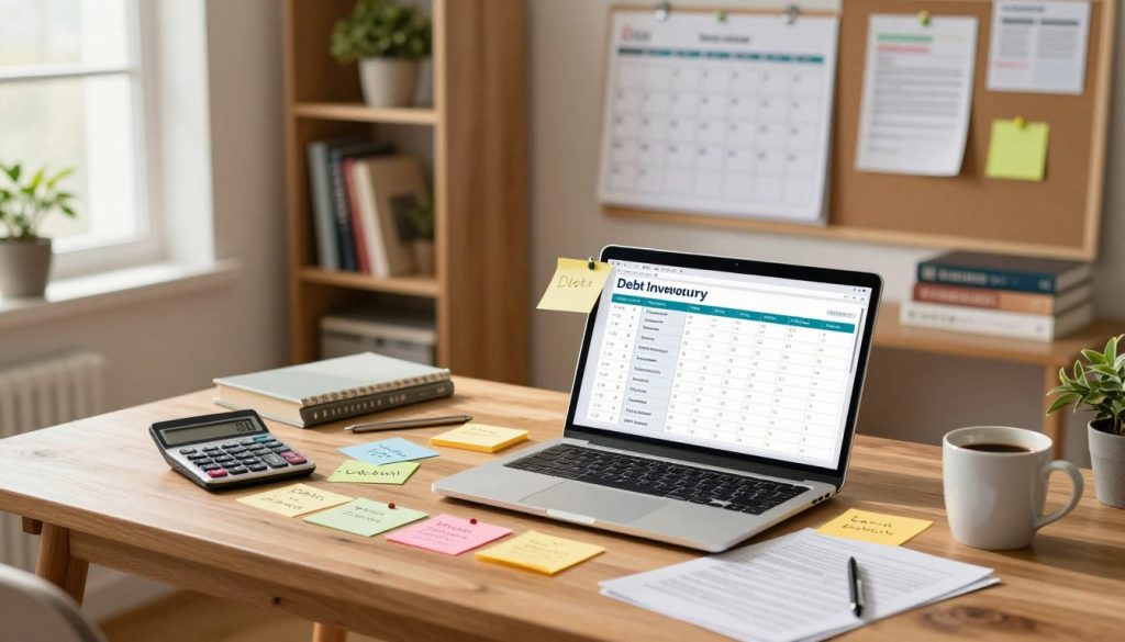 A well-organized home office setup showcasing a debt inventory. In the foreground, a wooden desk with a laptop open to a spreadsheet, scattered with colorful sticky notes detailing various debts. A calculator rests on the side, alongside a coffee mug. In the middle, a wall calendar shows reminders for payment dates, and a bulletin board neatly pinned with bills and documents. In the background, a softly lit bookshelf filled with financial books and a potted plant adds a touch of greenery. The scene is illuminated with warm, natural light streaming through a window, creating a focused and productive atmosphere. Capture the composition from a slightly elevated angle, emphasizing the orderly nature of the workspace, conveying a sense of control and clarity in managing debt. A well-organized home office setup showcasing a debt inventory. In the foreground, a wooden desk with a laptop open to a spreadsheet, scattered with colorful sticky notes detailing various debts. A calculator rests on the side, alongside a coffee mug. In the middle, a wall calendar shows reminders for payment dates, and a bulletin board neatly pinned with bills and documents. In the background, a softly lit bookshelf filled with financial books and a potted plant adds a touch of greenery. The scene is illuminated with warm, natural light streaming through a window, creating a focused and productive atmosphere. Capture the composition from a slightly elevated angle, emphasizing the orderly nature of the workspace, conveying a sense of control and clarity in managing debt.