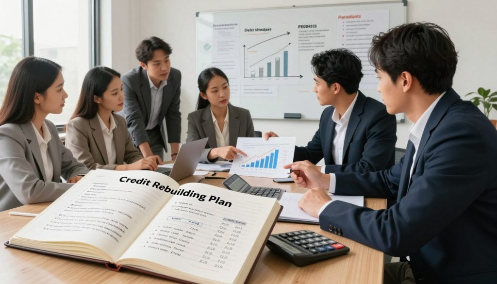 A well-organized workspace illustrating a "Credit Rebuilding Plan." In the foreground, an open notebook filled with neatly penned financial strategies, alongside a calculator, showing calculations of outstanding debts. In the middle, a diverse group of professionally dressed individuals—two men and two women—collaboratively discussing the plan; they appear engaged and focused, exchanging ideas. One person points at a graph on a chart, symbolizing progress in debt recovery. In the background, a large whiteboard filled with diagrams and bullet points outlines debt strategies and reminders. Soft, natural lighting spills in from a nearby window, creating a warm atmosphere that conveys hope and determination. The angle is slightly overhead, providing a comprehensive view of the workspace dynamics and the collaborative efforts. A well-organized workspace illustrating a "Credit Rebuilding Plan." In the foreground, an open notebook filled with neatly penned financial strategies, alongside a calculator, showing calculations of outstanding debts. In the middle, a diverse group of professionally dressed individuals—two men and two women—collaboratively discussing the plan; they appear engaged and focused, exchanging ideas. One person points at a graph on a chart, symbolizing progress in debt recovery. In the background, a large whiteboard filled with diagrams and bullet points outlines debt strategies and reminders. Soft, natural lighting spills in from a nearby window, creating a warm atmosphere that conveys hope and determination. The angle is slightly overhead, providing a comprehensive view of the workspace dynamics and the collaborative efforts.