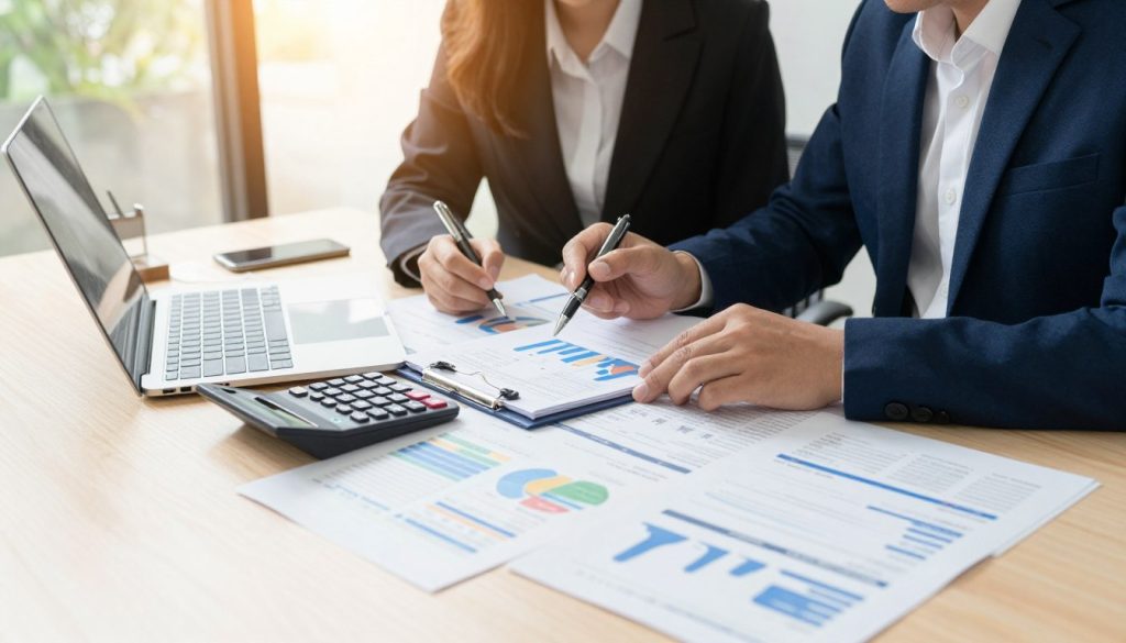 An organized workspace depicting a professional financial advisor assisting a couple assessing their credit card debt relief strategies. In the foreground, a table cluttered with neatly arranged financial documents, a calculator, and a laptop displaying graphs and budgeting tools. The middle layer features the couple, dressed in professional business attire, intently discussing their finances with the advisor, who holds a pen, gesturing towards a chart on a notepad. The background includes a window with soft, natural sunlight streaming in, casting a warm glow over the scene. The atmosphere conveys a sense of clarity and hope, emphasizing a constructive approach to managing debt. The angle is a medium shot, capturing both the individuals and the financial materials, with a focus on collaboration and support.