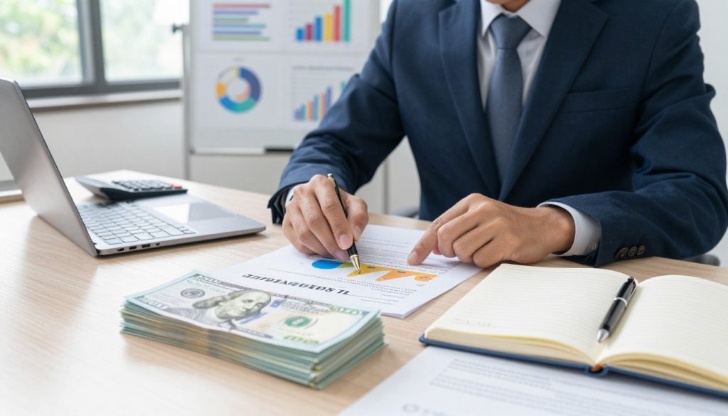 An organized workspace featuring a professional individual in business attire, sitting at a desk covered with financial documents, calculators, and a laptop, symbolizing debt reduction tactics. In the foreground, visualize a stack of bills being organized into categories, with an open notebook and a pen for detailed notes. The middle ground displays a whiteboard with colorful charts and graphs illustrating a debt repayment plan. In the background, a large window allows soft, natural light to illuminate the scene, creating a productive and optimistic atmosphere. The overall mood should convey determination and focus, showcasing the important steps in finding extra money to accelerate debt payoff. Aim for a high-resolution image with a slight depth of field to enhance visual interest. An organized workspace featuring a professional individual in business attire, sitting at a desk covered with financial documents, calculators, and a laptop, symbolizing debt reduction tactics. In the foreground, visualize a stack of bills being organized into categories, with an open notebook and a pen for detailed notes. The middle ground displays a whiteboard with colorful charts and graphs illustrating a debt repayment plan. In the background, a large window allows soft, natural light to illuminate the scene, creating a productive and optimistic atmosphere. The overall mood should convey determination and focus, showcasing the important steps in finding extra money to accelerate debt payoff. Aim for a high-resolution image with a slight depth of field to enhance visual interest.